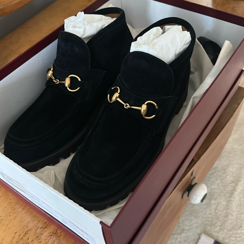 NEW in box Gucci black suede horsebit ankle bootie